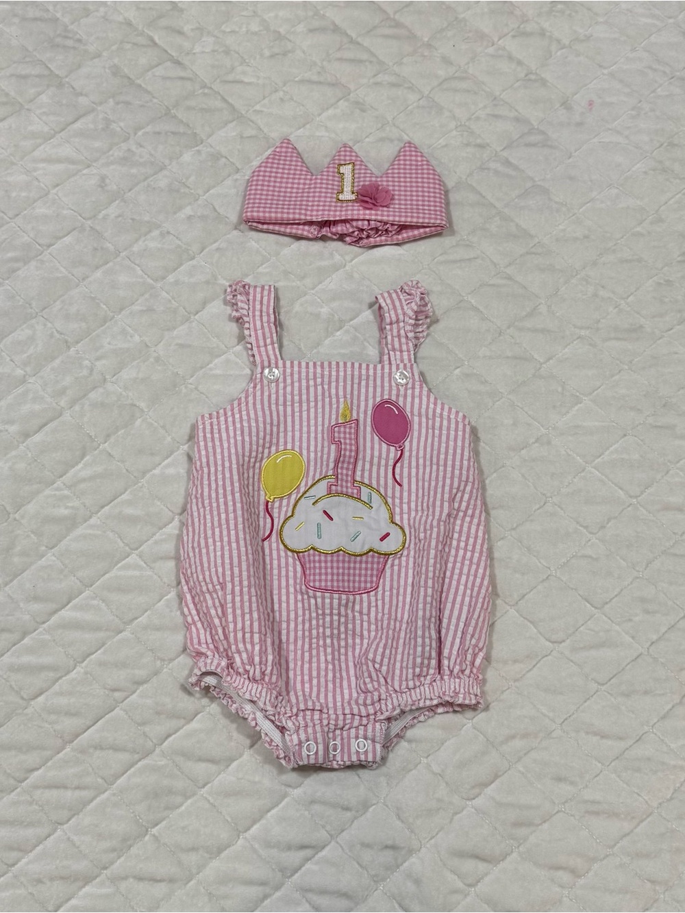 Pink Baby One-Piece Romper with Birthday Cupcake
